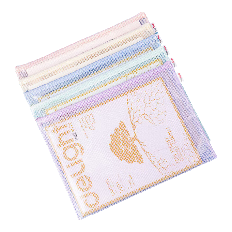 Deli Back-To Stationery, 5 A4 Grid Zipper Pouches, File Folders for Students' Subject Classification, Macaron Color Assortment 63481A