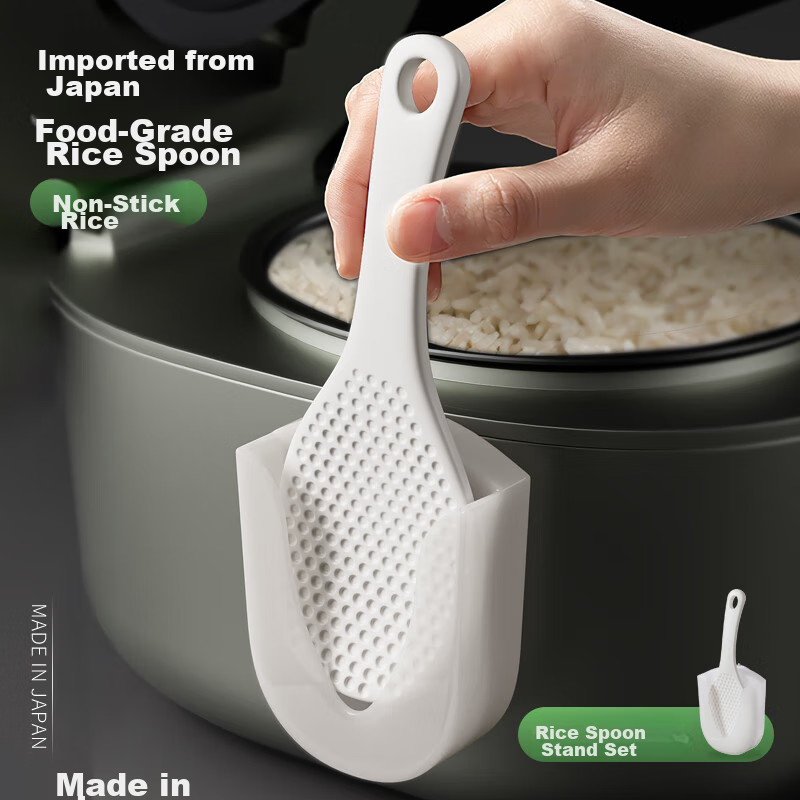 KATEI STORY Japanese Imported Kitchen Rice Spoon Non-Stick Rice Scoop for Rice Cooker, Rice Serving Spoon + Storage Rack