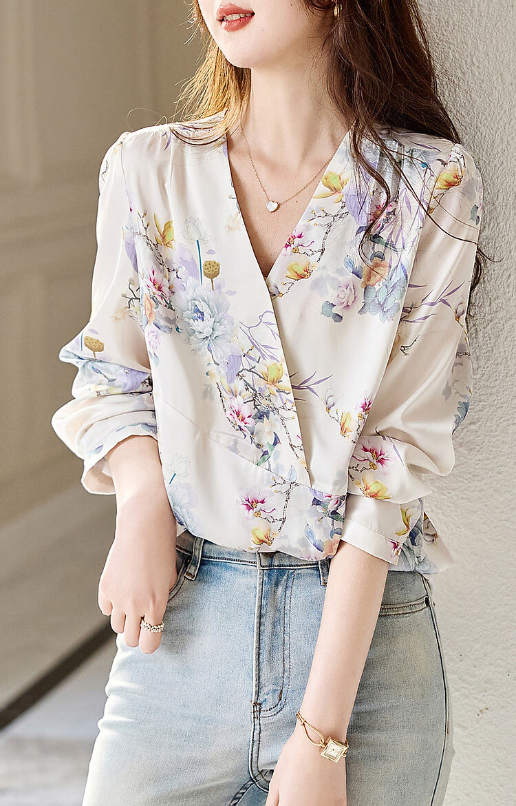 Dme Smooth Shiny Floral Print Women's Shirt, Spring And Autumn New V-Neck Long-Sleeve Blouse, Women's Plant Print Shirt 8