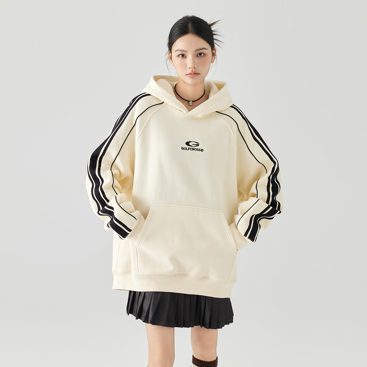 GOLFCROSS Couple's Retro Academic Style Striped Patchwork Contrasting Color Letter Embroidery Hoodie, Apricot, S