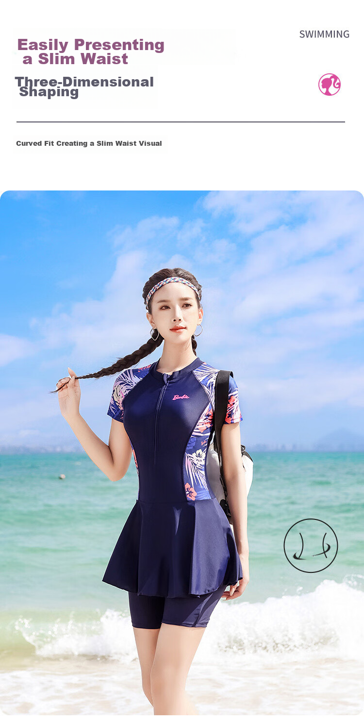 Barbie One-Piece Swimsuit for Women, Boyshort Five-Point Swimwear, Fashionable Tummy Control Slimming Conservative Plus Size Beach Vacation Swimwear 6
