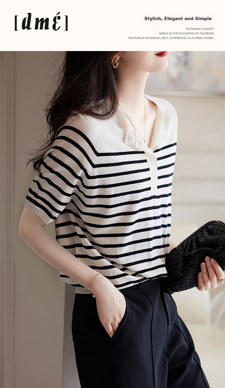 Dme [Japanese-Style Literary Commuter] Spring And Autumn Design Round Neck Contrasting Color Striped Sweater, Body-Hugging Slimming Knit Top 1