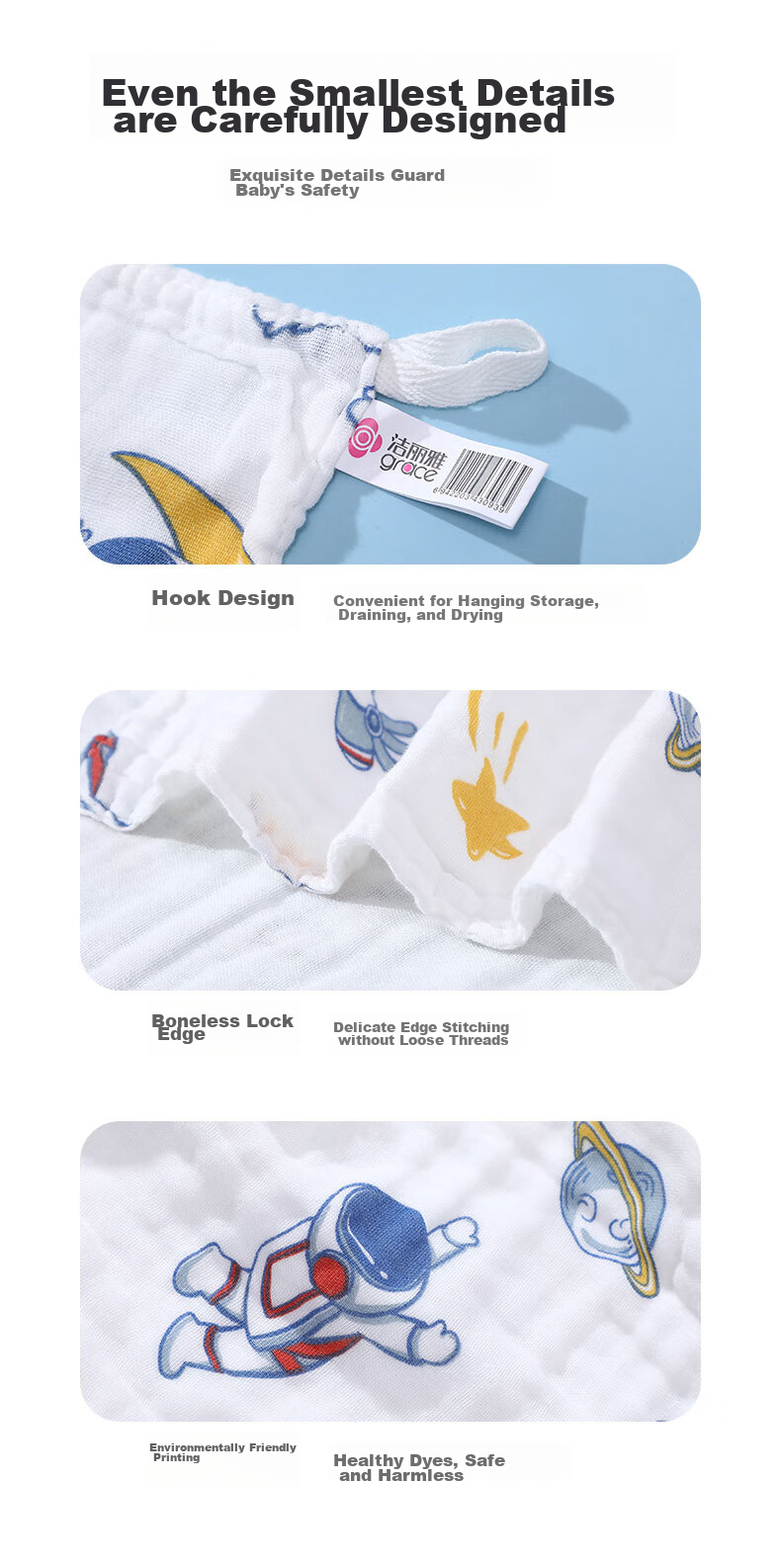 Grace Antibacterial Baby Towel, Class A 4-Layer Gauze Drool Bib, Children's Face Washcloth, 30*30cm, 16g, 2 Pieces 10
