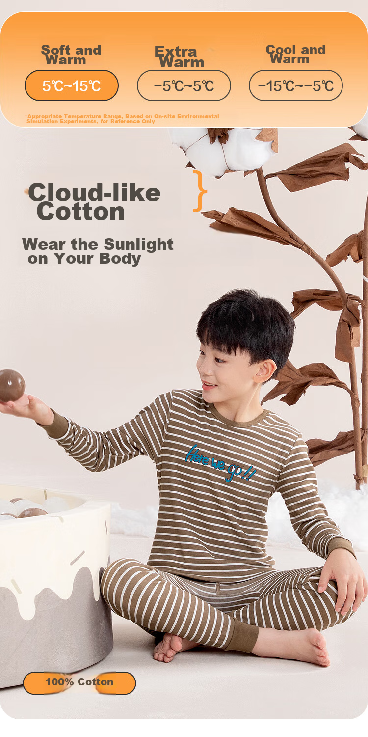 Hodohome Children's Autumn Underwear Set for Boys, Class A Pure Cotton Thin Round Neck Printed Thermal Underwear Set 123 Warm Brown 120 1