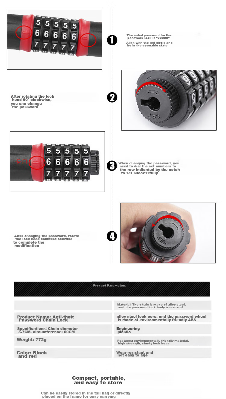 HOTUN Password Chain Lock Bicycle Lock Mountain Bike Lock Electric Bike Lock Glass Door Lock Anti-Theft Chain Lock 0.6 Meters 6