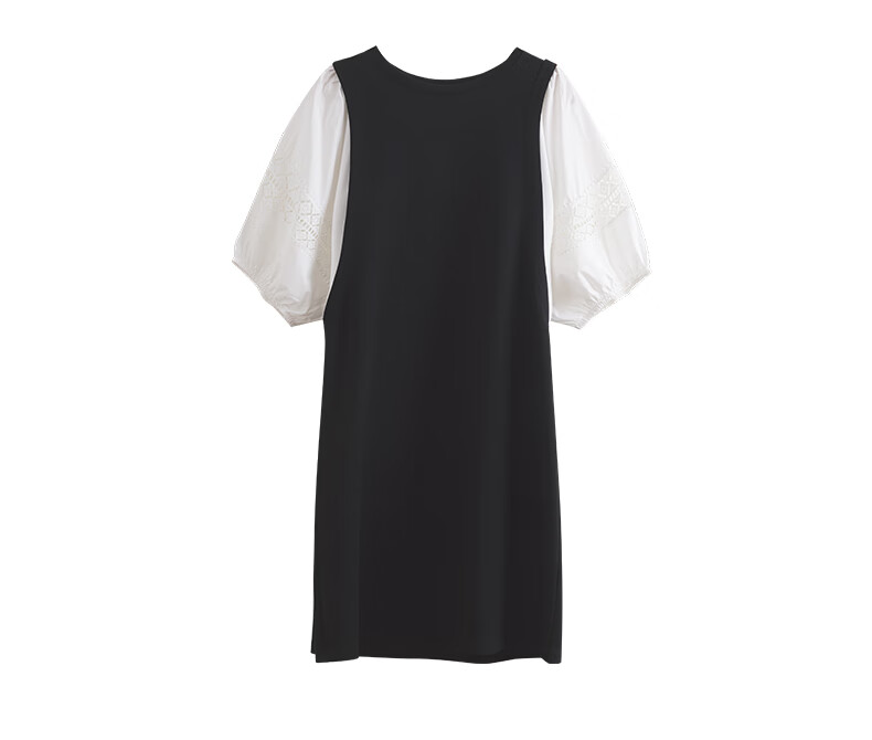 Olrain French Lace Hollow Out Puff Sleeve Splice Dress Women Summer Elegant Straight Dress Black and White M 25
