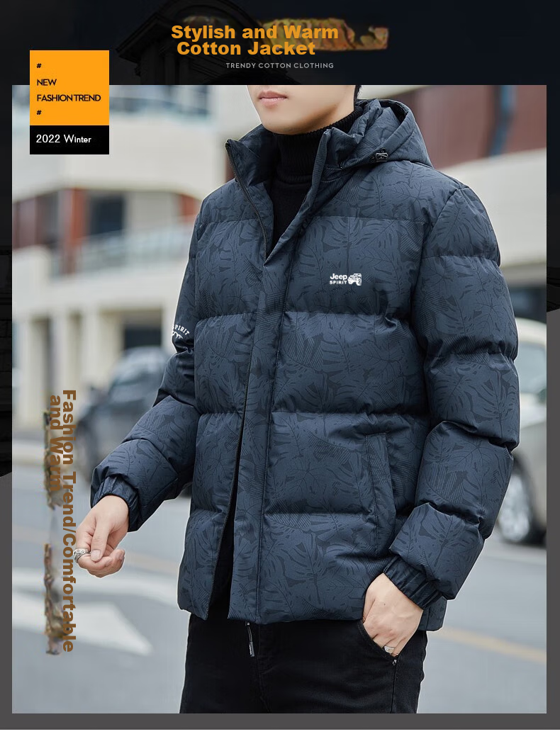 JEEP SPIRIT Men's Hooded Cotton Jacket, Autumn And Winter New Style, Solid Color Skin-Friendly Thickened Windproof Coat, Black, 2XL 4