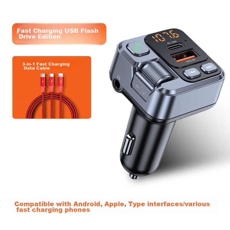 Beiteng Car MP3 FM Transmitter PD30W Fast Charging 2.4A, Bluetooth Hands-Free AUX Play, Car Charger T16 + Data Cable 1