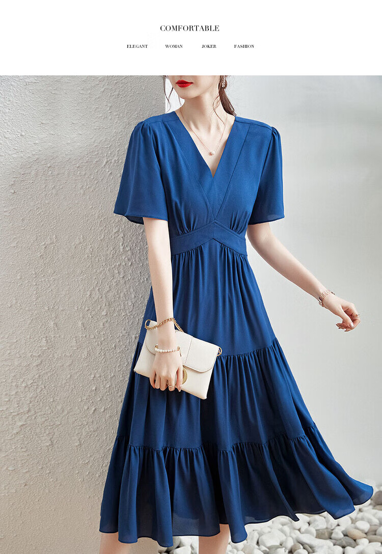 Dme V-Neck A-Line Short-Sleeve Pleated Dress for Women, Peacock Blue, Size S 20