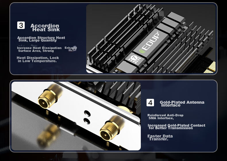 EDUP WiFi7 Wireless Network Card Self-Operated BE200 Tri-Band 8774M Desktop Computer Internal PCIE Bluetooth 5.4 Wireless Receiver Transmitter BE9715GS 12