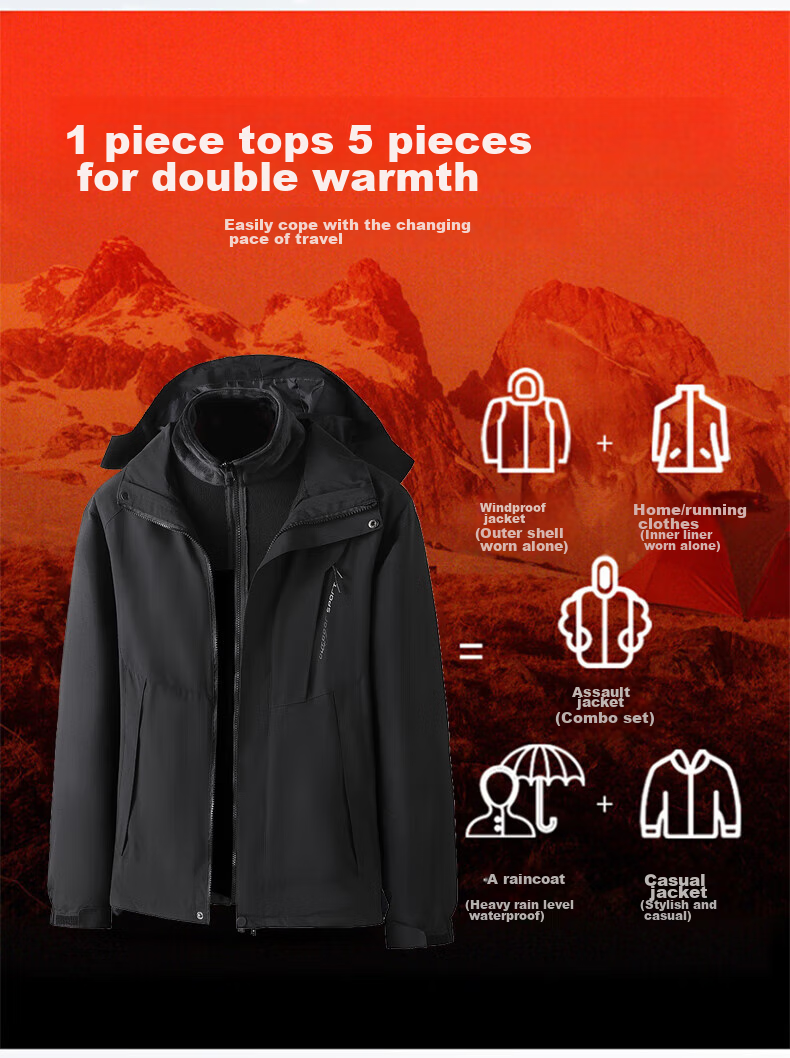Huili Men's And Women's 3-In Outdoor Windproof Waterproof Mountaineering Jacket, Fleece-Lined Detachable Coat, Black 12