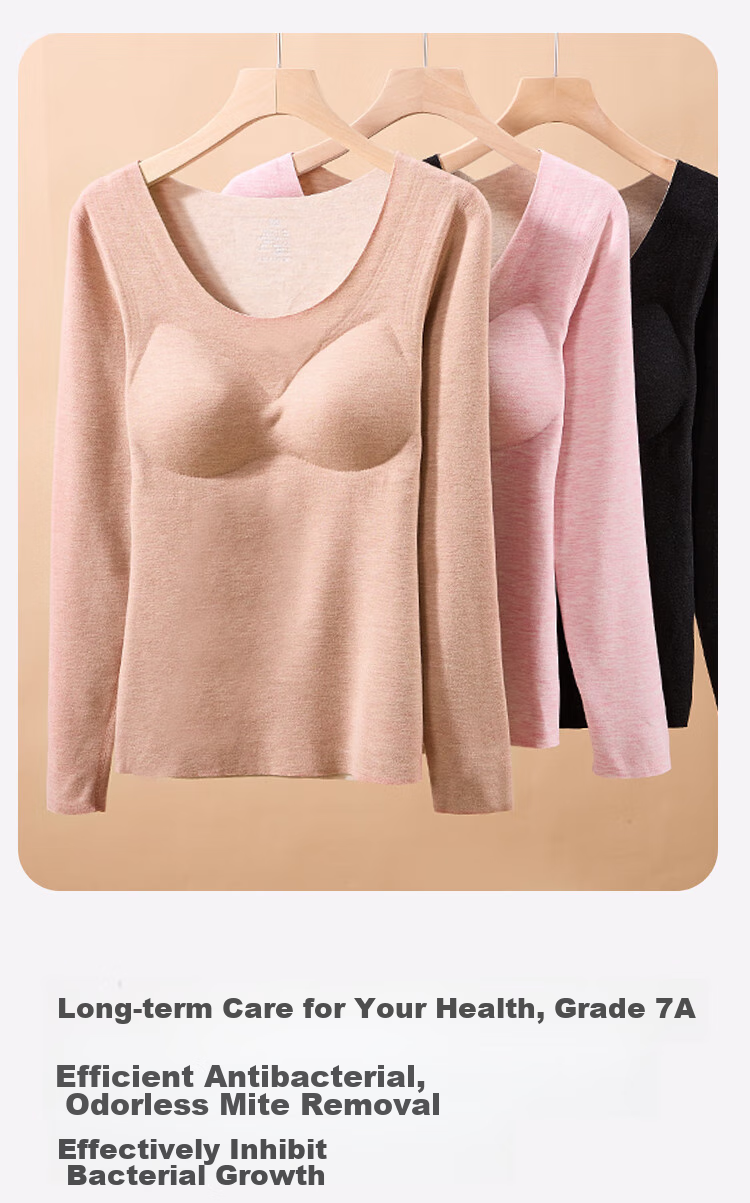 MiiOW New Thermal Underwear for Women with Chest Pads, Warm Base Layer, Contains Cashmere And Silk, Long Sleeve, Pink, XL 20