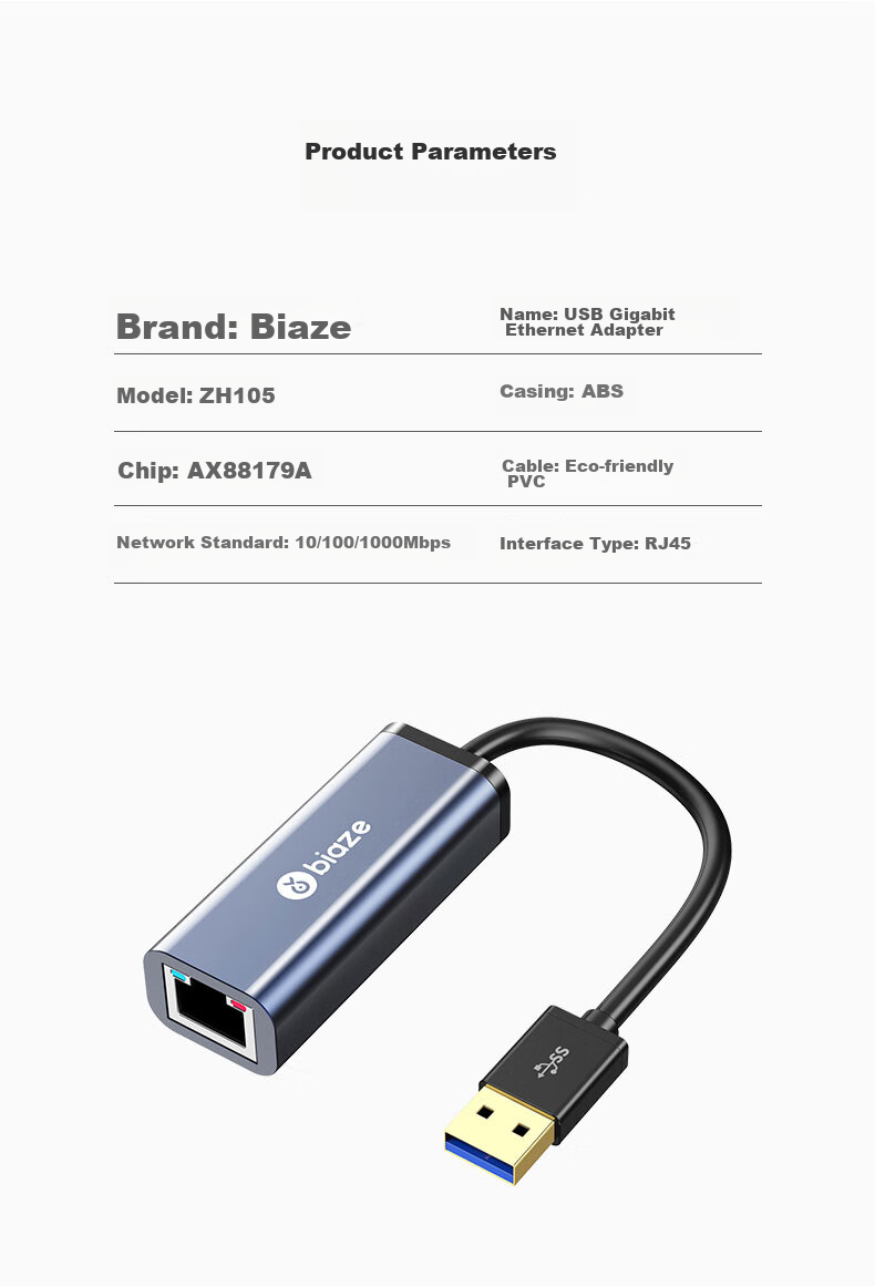 BIAZE USB3.0 Gigabit Wired Network Card to RJ45 Ethernet Adapter, Driver-Free Converter, Compatible with Laptops And Nintendo Switch, External Network Port Expansion Adapter 16