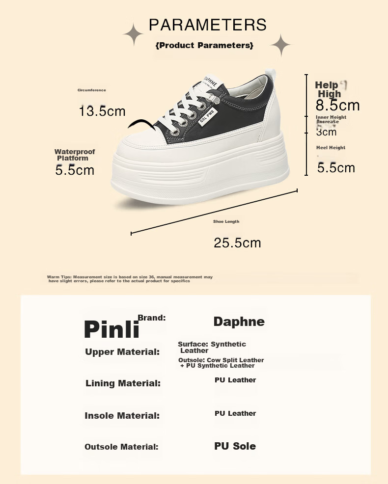 DAPHNE Thick-Soled Height-Increasing Casual Shoes for Women, Classic Sneakers, Height-Increasing Slimming White Shoes for Petite Women, White, Size 35 3