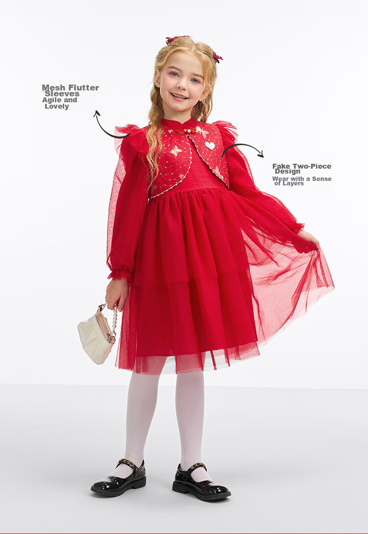 DISNEY Girls' Traditional Style Long Sleeve Dress New Year Princess Dress 25 Spring Autumn DB411RE02 Red Size 110 3