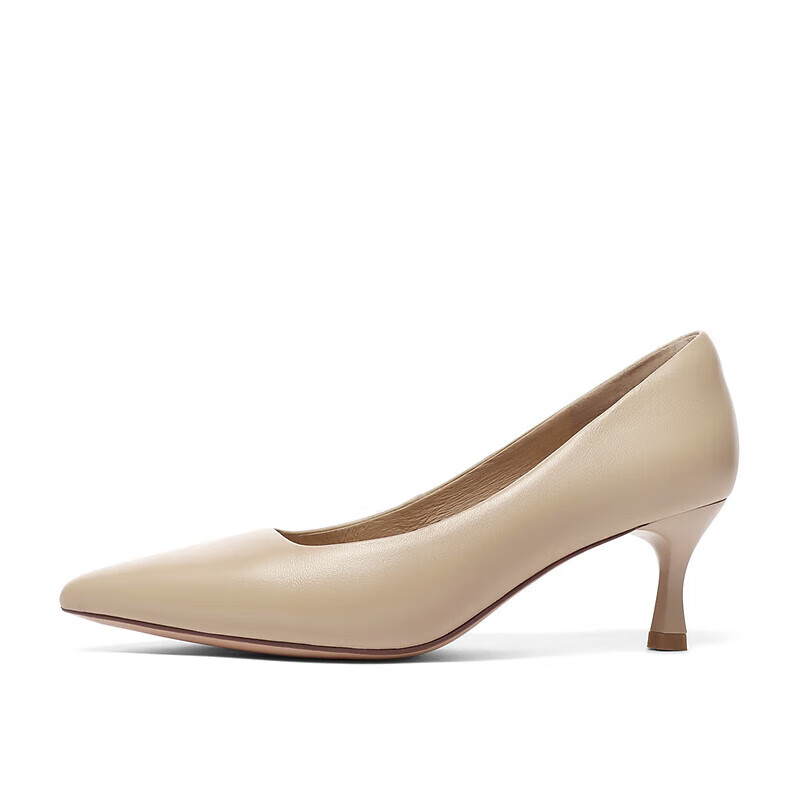 SENDA High Heels for Women, Thin Heel, Comfortable, Sexy Genuine Leather, Commuter Pointed Toe Mid-Heel Pumps ZTC03CQ3, Apricot Color, Size 39