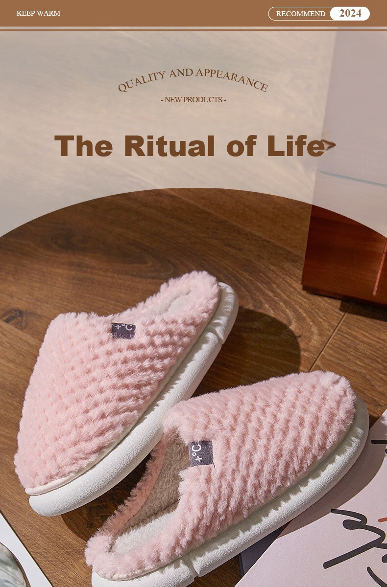 GUOLUOFEI Cotton Slippers, Men's Indoor Thick Warm Couple Thick-Soled Furry Slippers for Women, Beige, Size 36-37 1