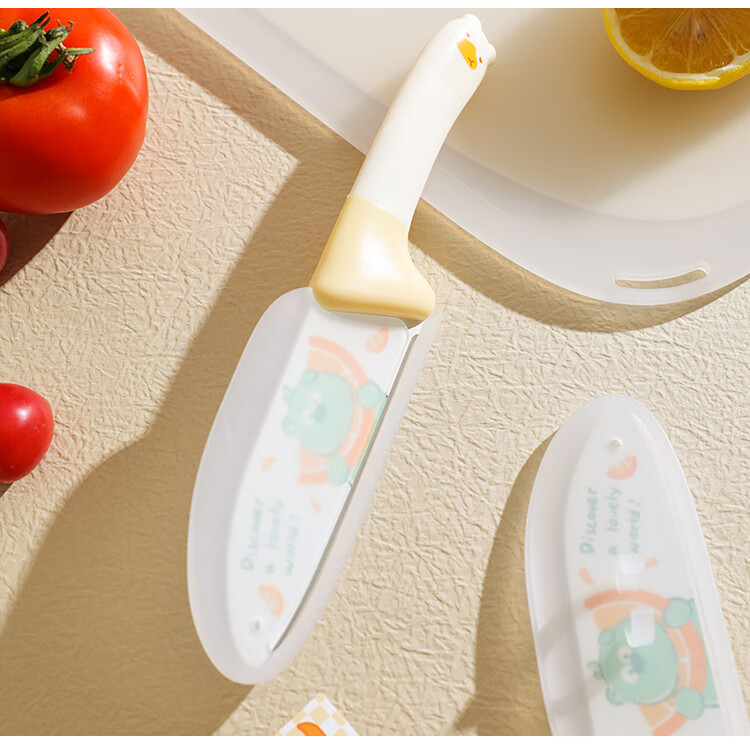 Baoshi Children's Small Kitchen Knife with Hand Guard, Stainless Steel Fruit Knife, Portable Outdoor Cutlery Set, Beige Bear Desig 9