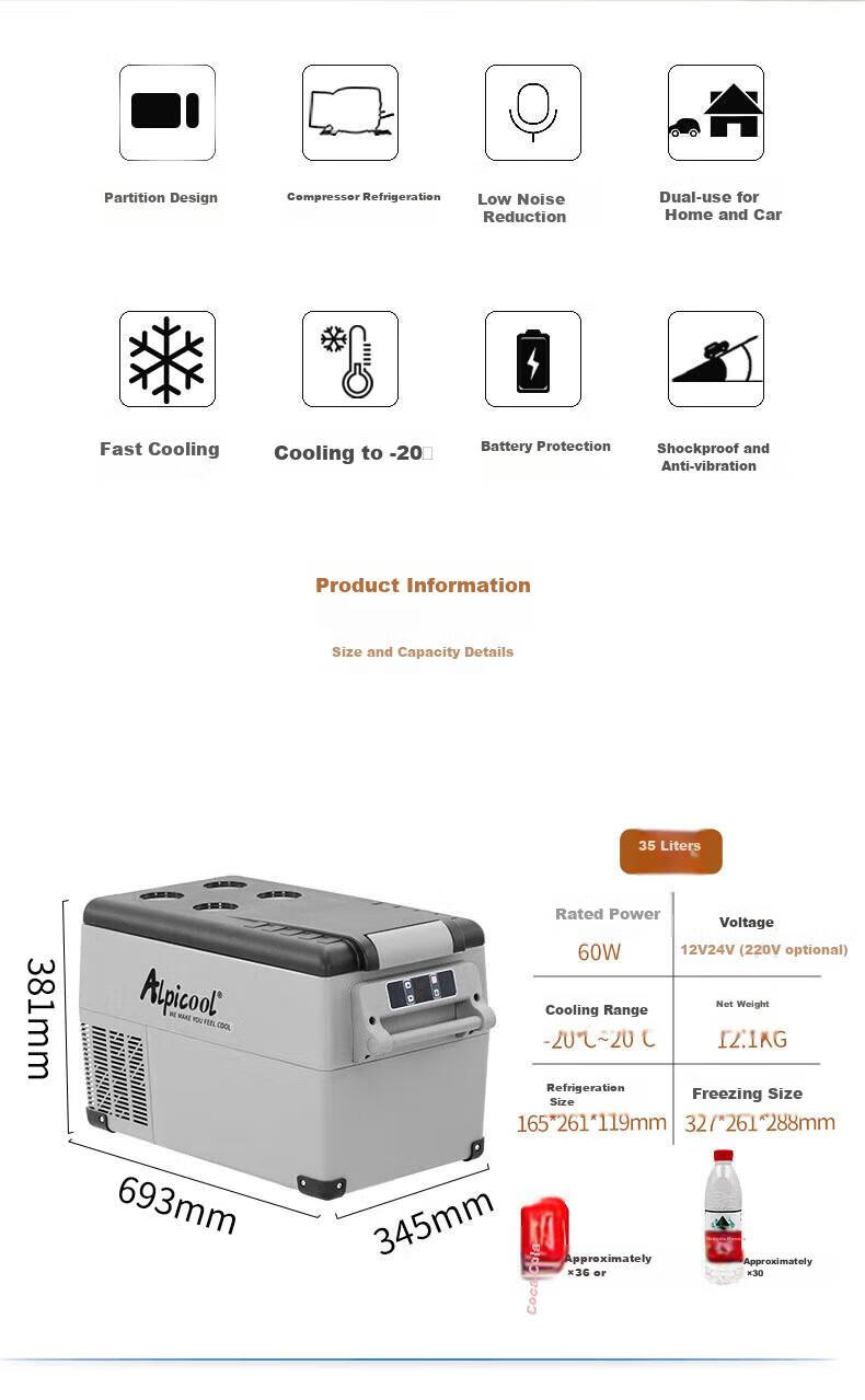 Alpicool CF35 Car Refrigerator, Dual-Use for Car And Home, Compressor Cooling, 12V Refrigeration And Freezing, Breast Milk Storage, Outdoor And Home Use Appliance 4