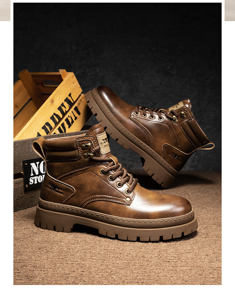 Bull Family Men's Autumn Winter Martin Boots Trendy Versatile Work Shoes Retro Durable Leather Boots for Men 26