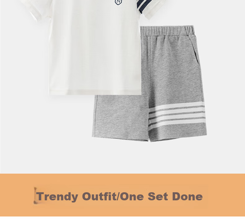 NUBIWU Children's Short-Sleeve Set, Boys' Pure Cotton Round Neck Summer Half-Sleeve Two-Piece Set, Big Kids' Shorts Sports Suit 7