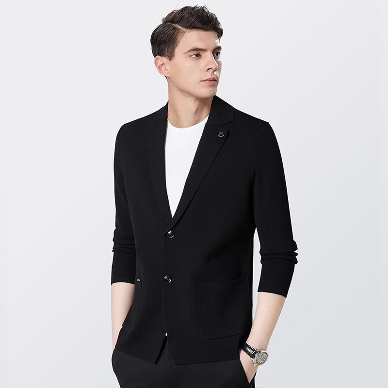 MONTAGUT Spring And Autumn Men's Knitted Suit Jacket, Business Casual Comfortable Slim Fit Blazer, Black, Size 50