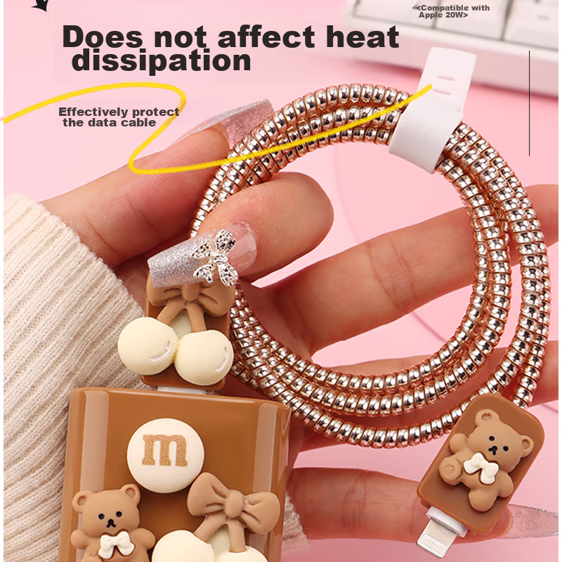 Dipuer Charging Head Data Cable Protective Sleeve, Silicone Anti-Breakage Phone Charging Protector, 20W Cartoon Connector Cable Set of Four [Khaki Bear]