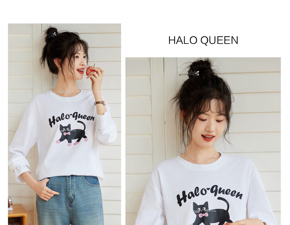 Halo Queen Women's Long Sleeve Cotton T-Shirt Spring Autumn Round Neck Letter Bow Print Casual Base Shirt New H143T2009 45