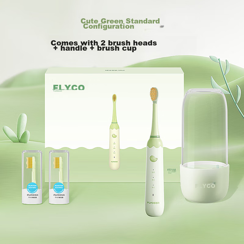 FLYCO Children's Electric Toothbrush with 3 Modes, Smart Timer, Sonic Soft Bristles, for Ages 3-6 Birthday And Children's Day Gift for Boys FT7110 Cute Gree