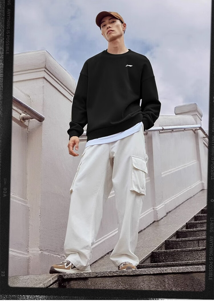 Li-Ning Sports Sweatshirt for Men, Spring 2026 Round Neck Pullover, Hoodless Simple Solid Color Loose Casual Workout Fitness Long-Sleeve Top 12