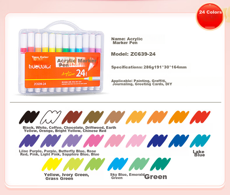 TRUECOLOR ZC639-60 Single-Head Water-Based Acrylic Marker, PP Box Packaging, Waterproof Quick-Drying, for Children And Students, Hand-Drawn Graffiti Painting, Watercolor Pen, Colored Drawing Brush 10