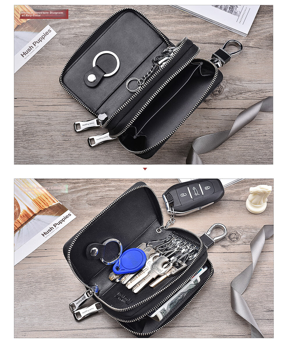 Hush Puppies Key Case for Men, Top-Grain Leather, Business Casual, Double-Layer Large Capacity Car Key Holder, Coin Purse, Birthday Gift 4