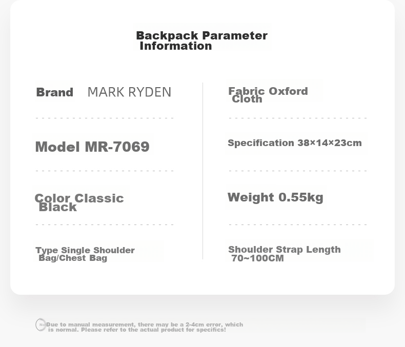 MARK RYDEN Men's Shoulder Bag, Business Casual Crossbody Bag, Water-Resistant Chest Pack, Fashionable Sports Mini Backpack MR7069 Elegant Black 17
