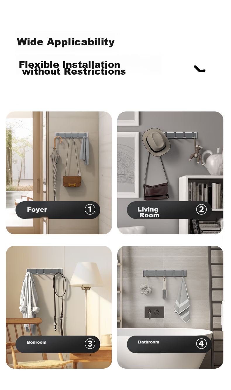 JOMOO Hook-Free Bathroom Hooks, Kitchen Hooks, Door-Back Hooks, Space Aluminum, 6-Row Bathroom Hooks, 93035G5 5