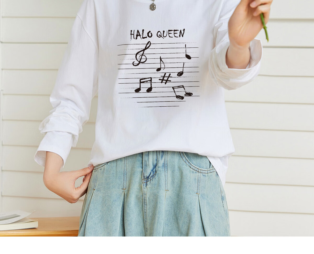 Halo Queen Women's Long Sleeve Cotton T-Shirt Spring Autumn Round Neck Letter Bow Print Casual Base Shirt New H143T2009 39
