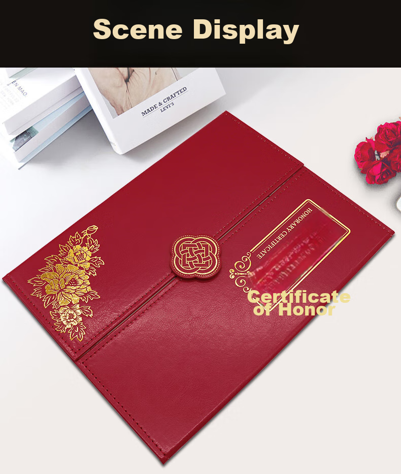 LISON A4 High-Quality Honor Appointment Letter Cover, Tri-Fold Leather Vertical Appointment Certificate with 2 Inner Pages, Single Book Red 6