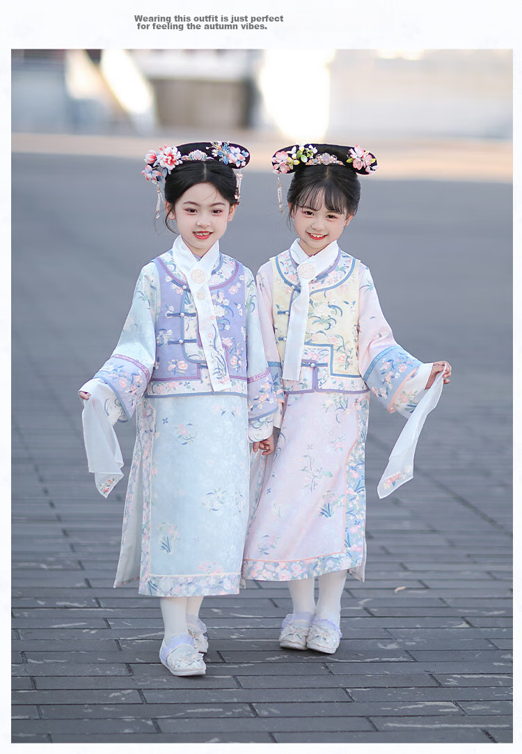 Qibo Girls' Cheongsam, Spring And Autumn Mid-Autumn Festival Children's Kindergarten New Hanfu, Blue-Purple + Neck Scarf, Size 130 26
