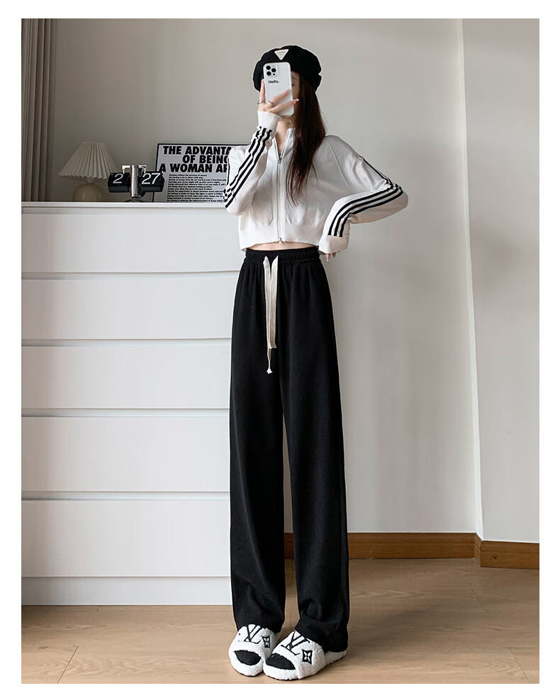 LangSha White Chenille Slim Wide-Leg Pants for Women, Spring And Autumn Thin Style, High-Waisted Draping Straight-Leg Corduroy Casual Sports Trousers 17