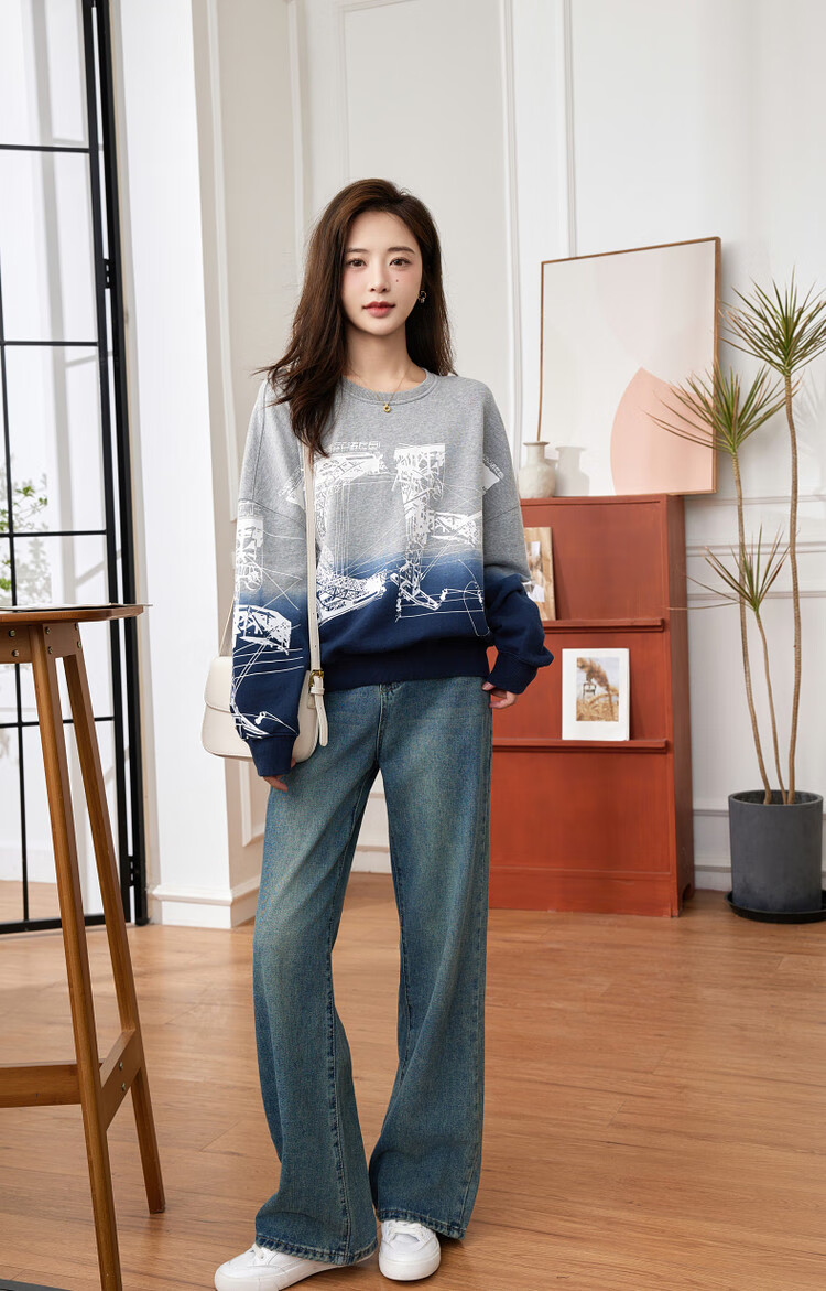Dme [Stylish Gradient Casual Sweatshirt] Spring And Autumn Cotton Round Neck Loose Slightly Elastic Sweatshirt Women's Top, Flax Gray, S 8