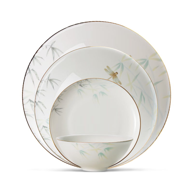 HG Guoci High-Temperature Bone China Complete Dinnerware Set, Light Luxury Gold-Rimmed Gift Box, Qingting Pattern, 12 Pieces for 4 People