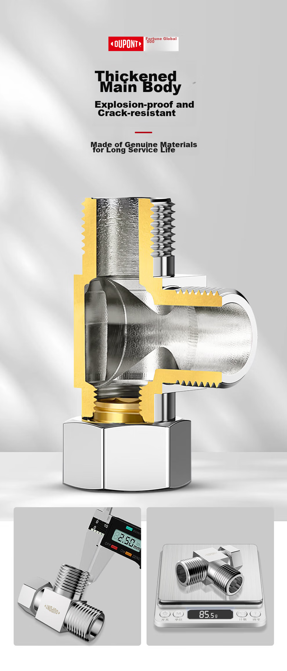 DU PONT DU PONT Three-Way Connector, Thickened One-In Toilet Accessory, 1/2 Inch Union Joint, Copper Material Angle Valve Water Distributor 7