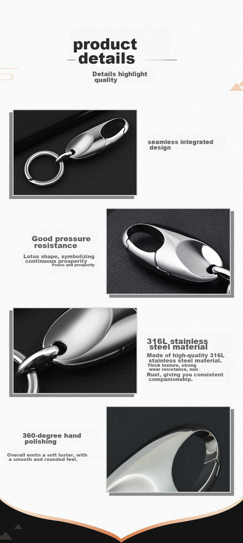 YORA Lotus 316L Stainless Steel Keychain, Men's Car Key Ring Pendant, Waist-Hanging Key Chain, High-End Key Fob 3