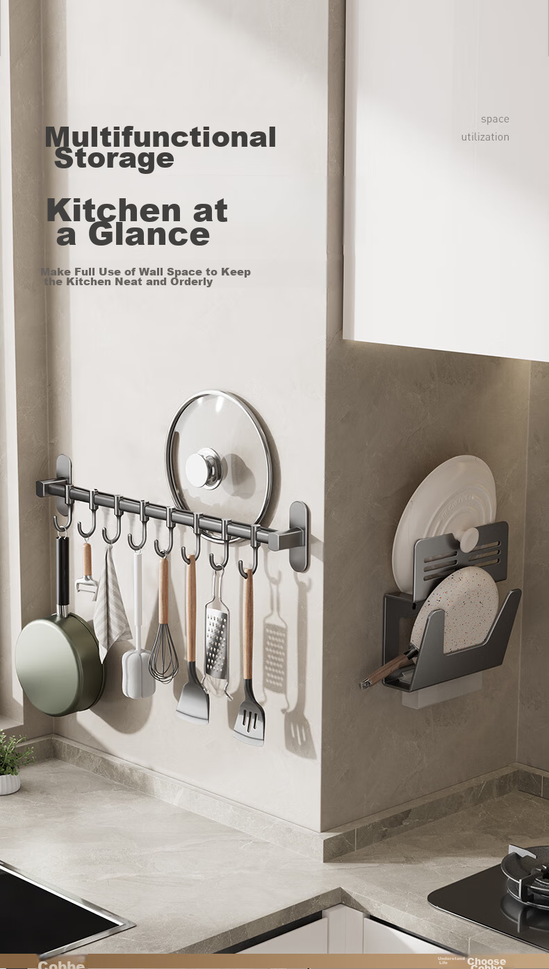 Cobbe White Kitchen Hooks, No Drilling Required, Hanging Rod Storage Rack, Wall-Mounted Hook Organizer, Kitchen Utensil Hanger, Pot Lid Storage Shelf 2