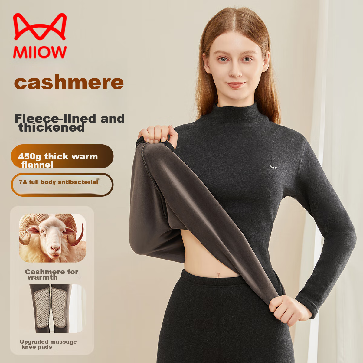 MiiOW [Cashmere Fleece Thickened] Women's Thermal Underwear Mid-Neck Set with Knee Protection, Autumn Top And Pants, Cold-Proof for Men And Wome
