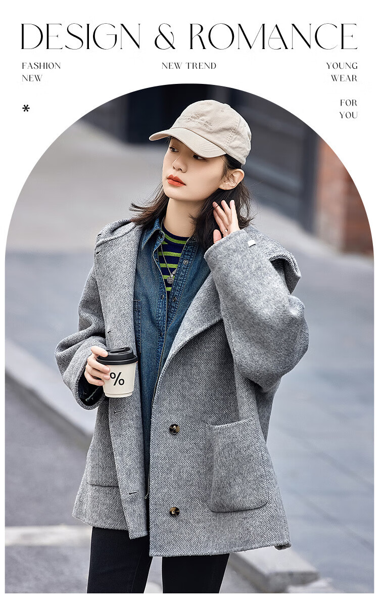 Demana Gray Series Hooded Woolen Coat Winter Loose Long Double-Sided Wool Coat Women Gray L 1
