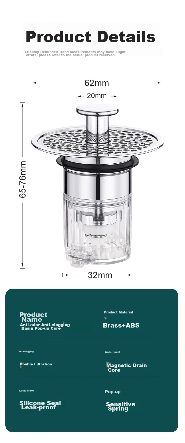 Pollock Sink Drain Stopper, Washbasin Pop-Up Core, Brass Sink Anti-Odor Device, Filter Screen MPXGL 11