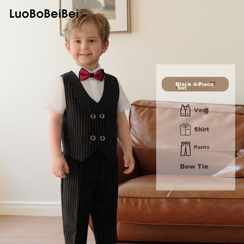 LUOBOBEIBEI Children's Formal Wear, Spring And Summer 2025 Boys' British Striped Vest Performance Costume Set, Black Four-Piece Set, Size 150