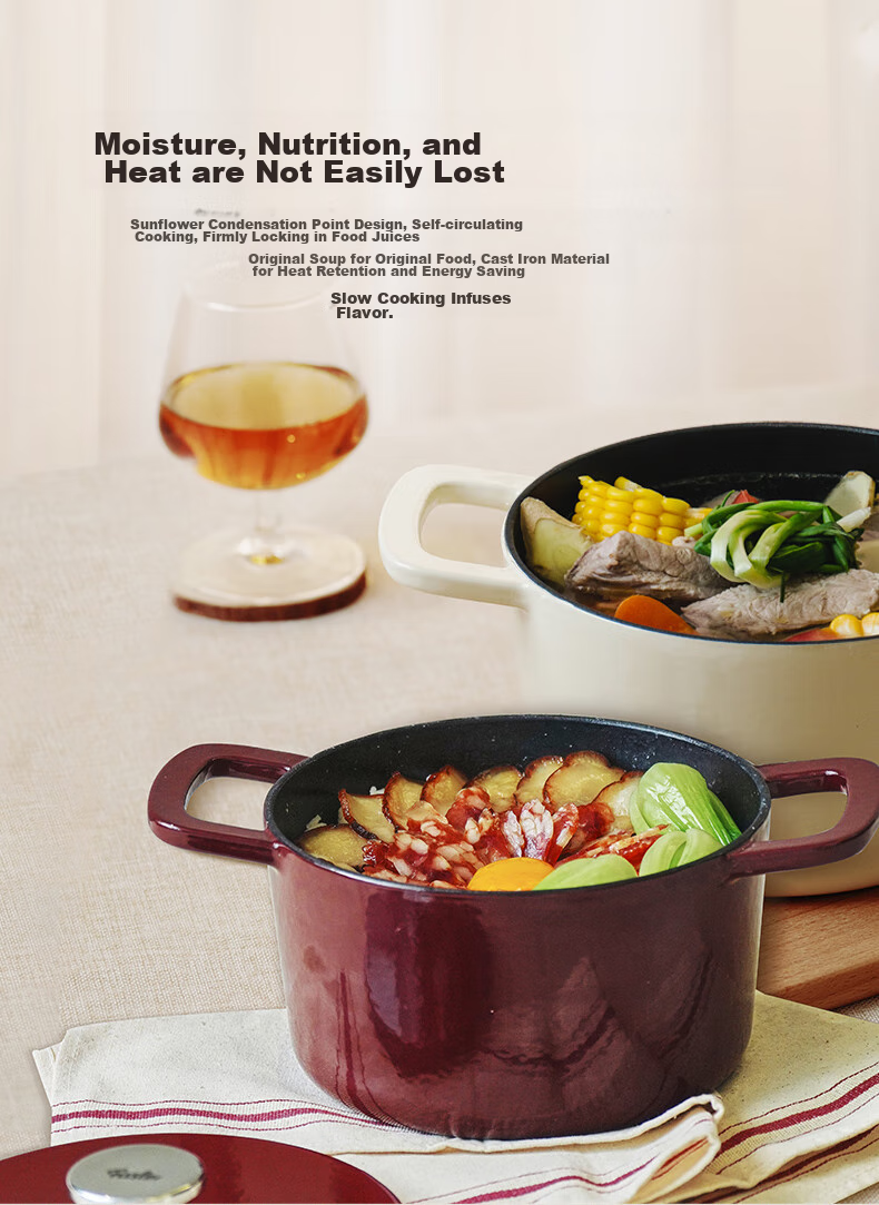 Feishile German Moments Cast Iron Pot, Stew Pot, Small Soup Pot for Home Use, 20 Cm Cast Iron Pot - Burgundy Red 9