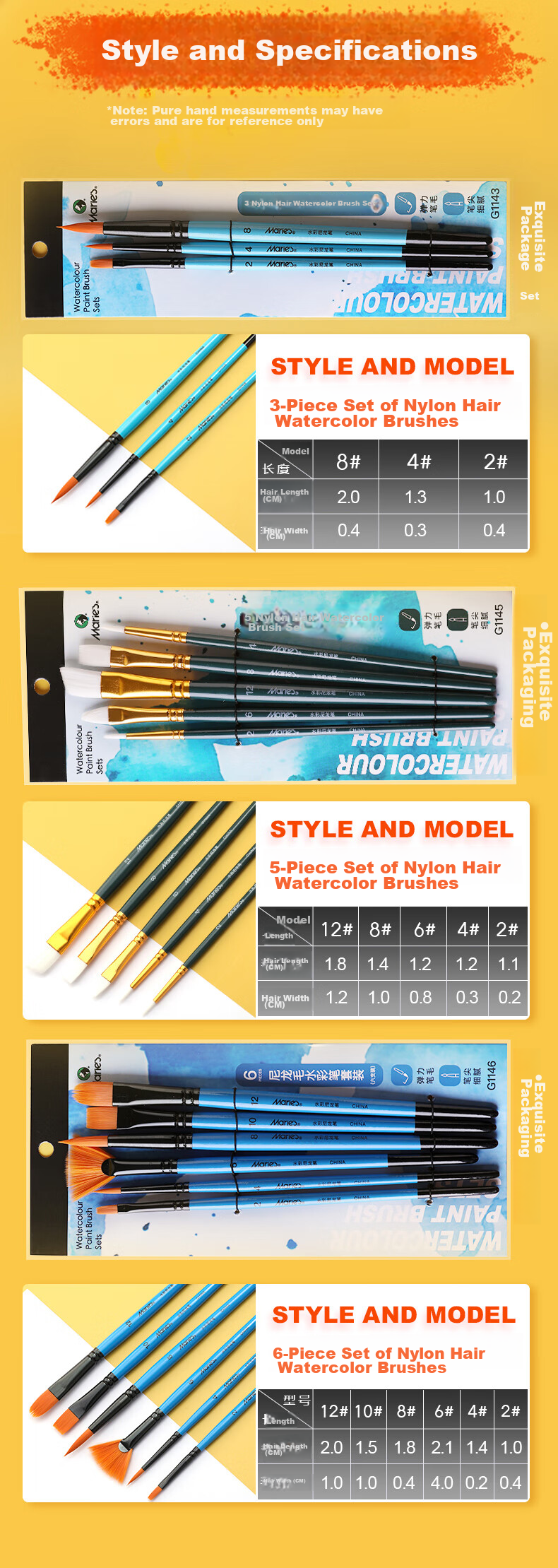 Marie's 3-Piece Nylon Watercolor Brush Set for Beginners, Painting Watercolor Brushes for Children And Students, Hand-Drawn Painting Brushes for Art Students, Professional Paint Watercolor Brushes G1143 12