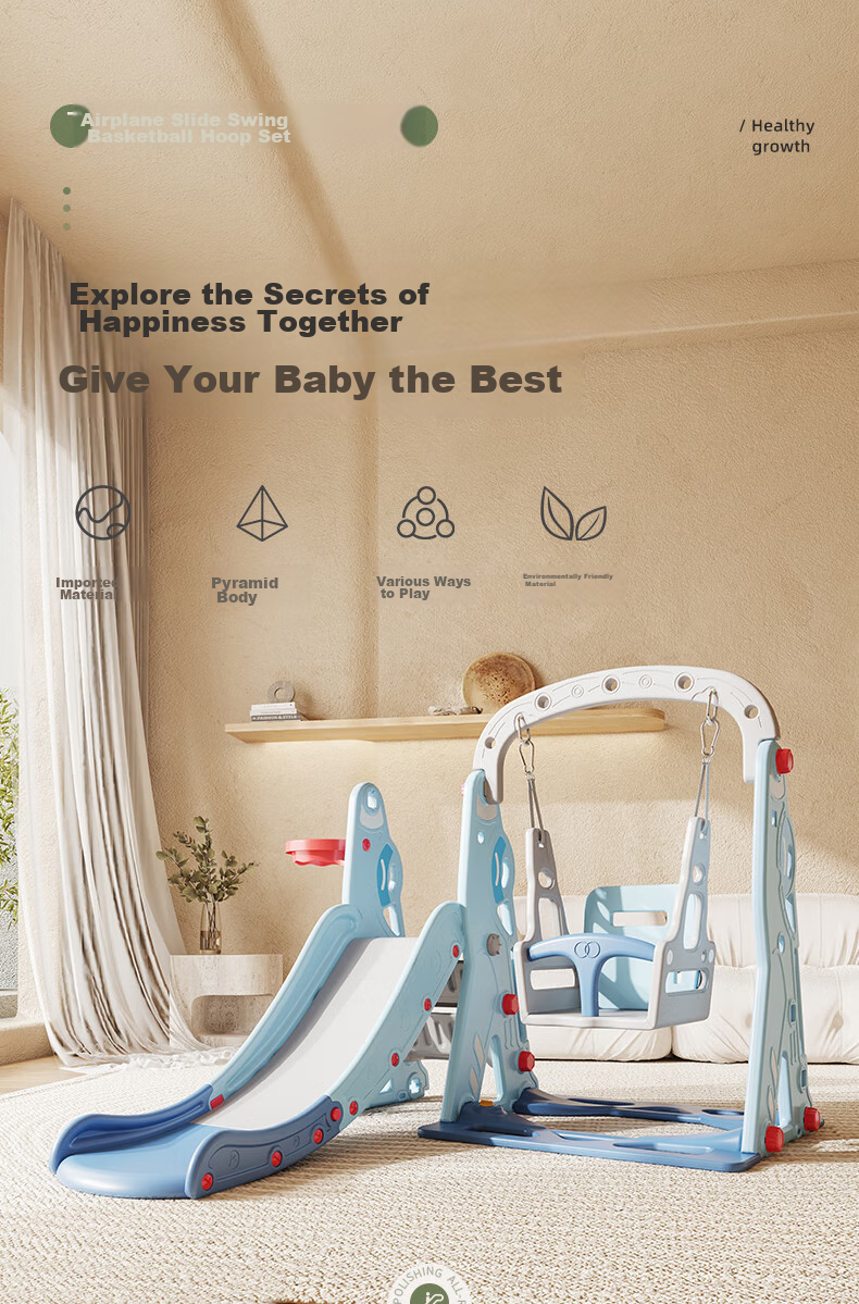 HOBBY TREE Children's Slide, Swing, Basketball Hoop Set, Indoor Playground Equipment, Multifunctional Baby Toys, Sky Blue 2